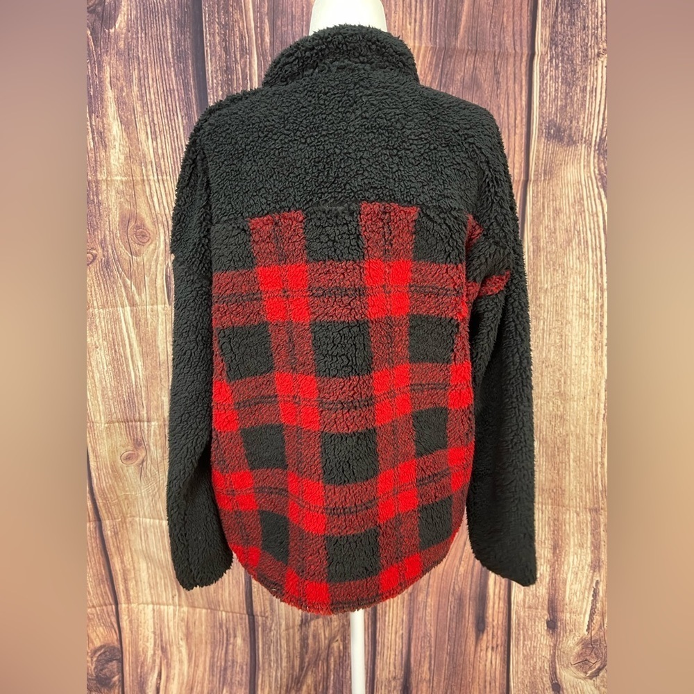 Seven7 red plaid Sherpa snap pullover top jacket women’s size M - Picture 5 of 14